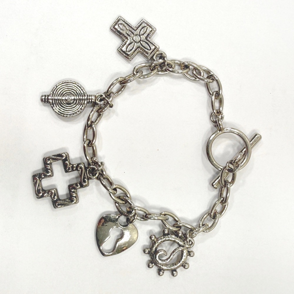 Charm Bracelet Religious Heart Sun Silvertone Women 7.5in Cross Toggle Jewelry